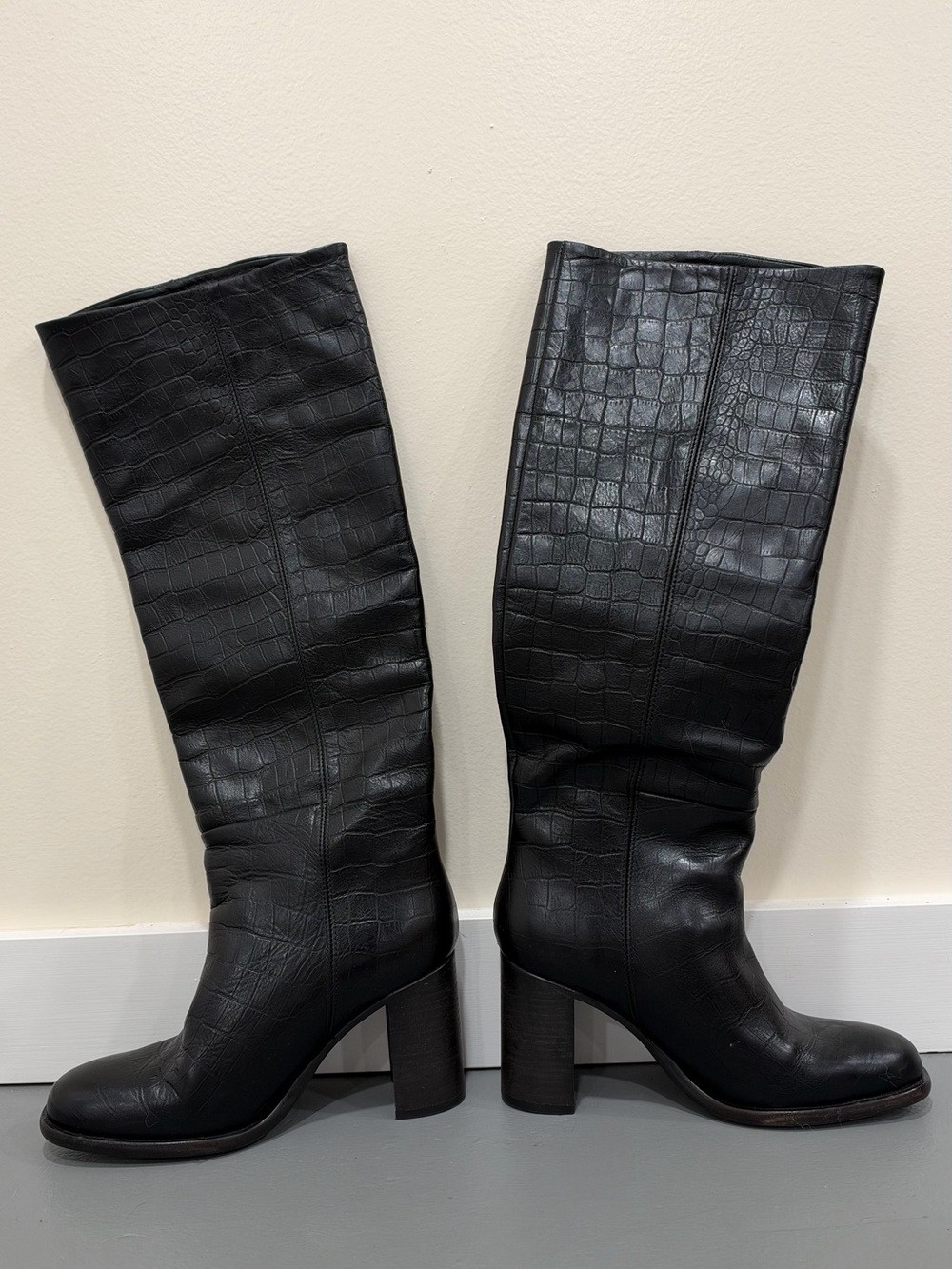 Free People Grayson Black Croc-Embossed Knee-High Heeled Boots